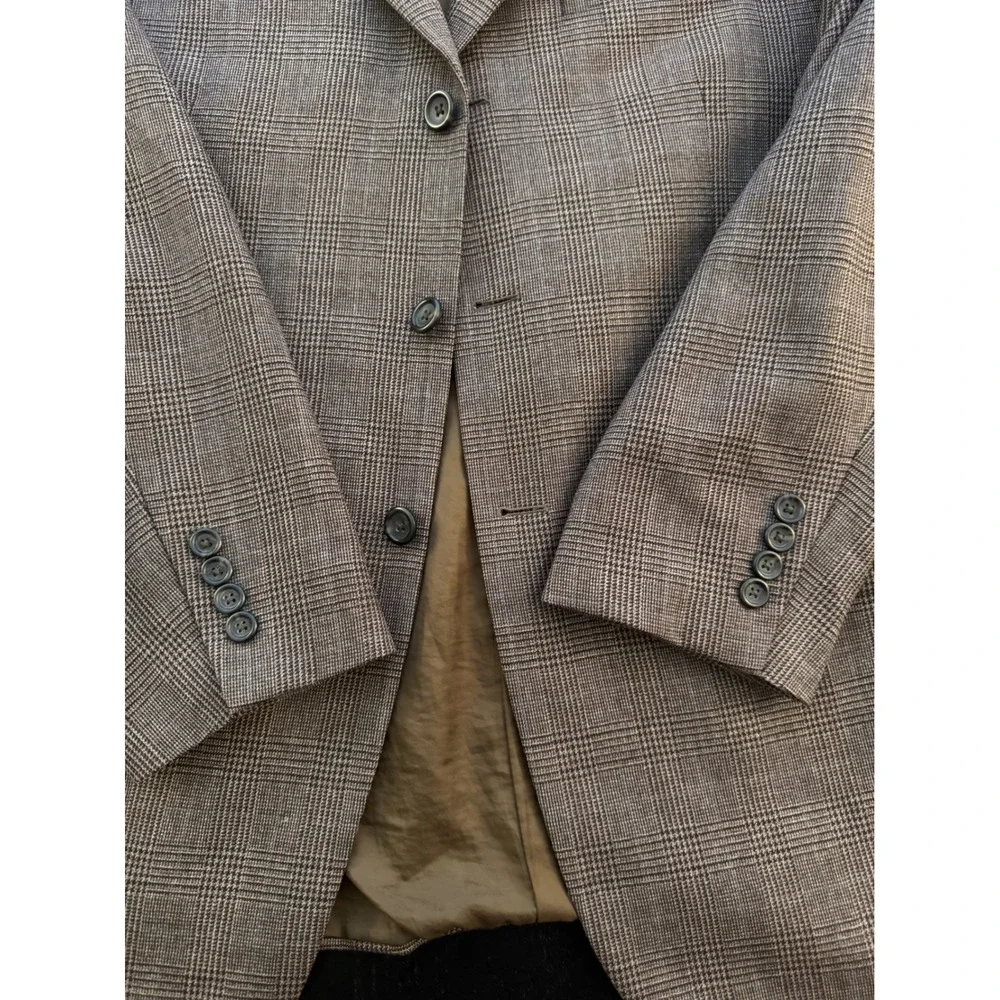 Linea Uomo Glen Check Sport Coat Mens 42R Brown Wool Three-Button‎ Blazer Jacket